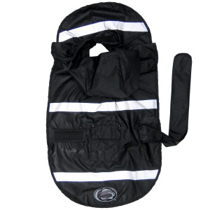 black New Englander doggie raincoat with Penn State Athletic Logo and reflective strips